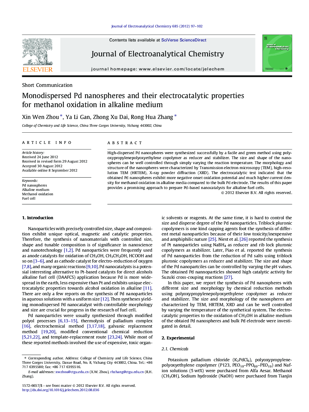 Monodispersed Pd nanospheres and their electrocatalytic properties for methanol oxidation in alkaline medium