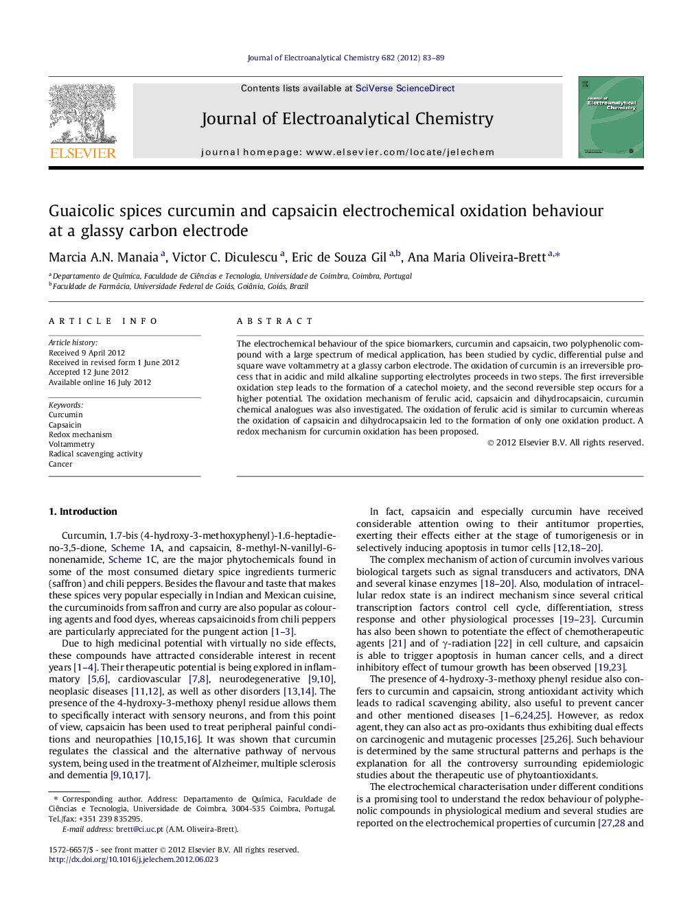 Guaicolic spices curcumin and capsaicin electrochemical oxidation behaviour at a glassy carbon electrode