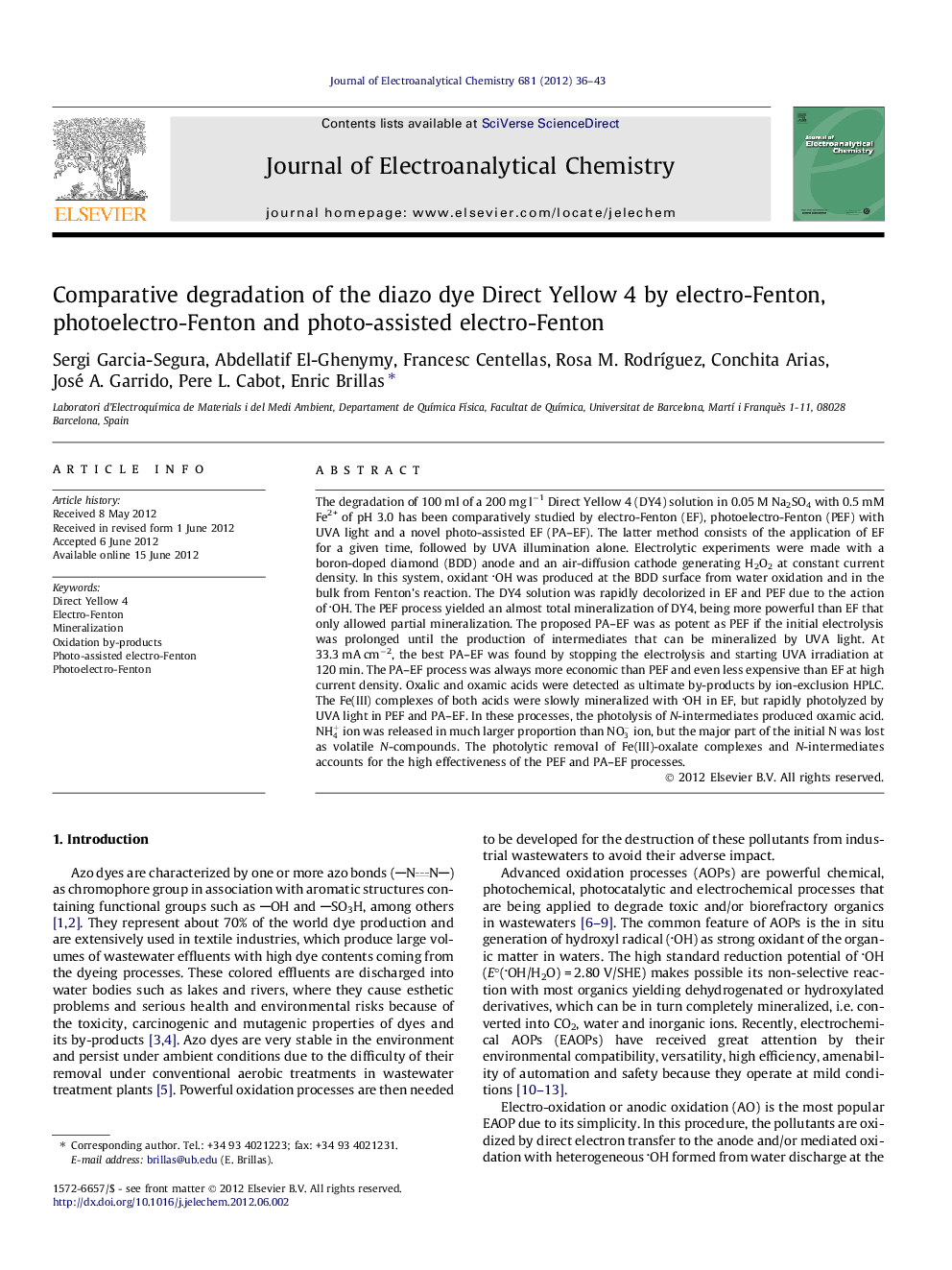 Comparative degradation of the diazo dye Direct Yellow 4 by electro-Fenton, photoelectro-Fenton and photo-assisted electro-Fenton