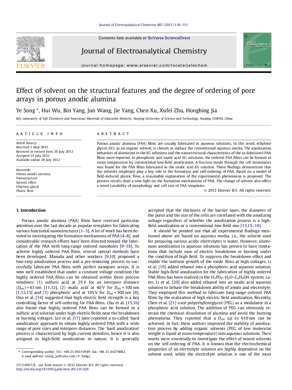 Effect of solvent on the structural features and the degree of ordering of pore arrays in porous anodic alumina