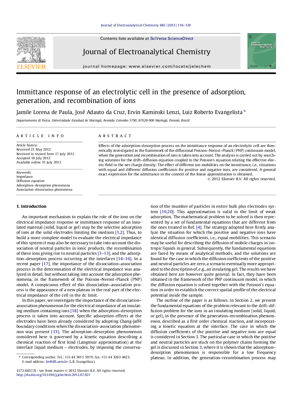 عکس صفحه اول مقاله: Immittance response of an electrolytic cell in the presence of adsorption, generation, and recombination of ions Immittance response of an electrolytic cell in the presence of adsorption, generation, and recombination of ions