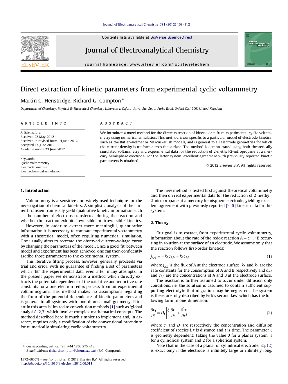 Direct extraction of kinetic parameters from experimental cyclic voltammetry