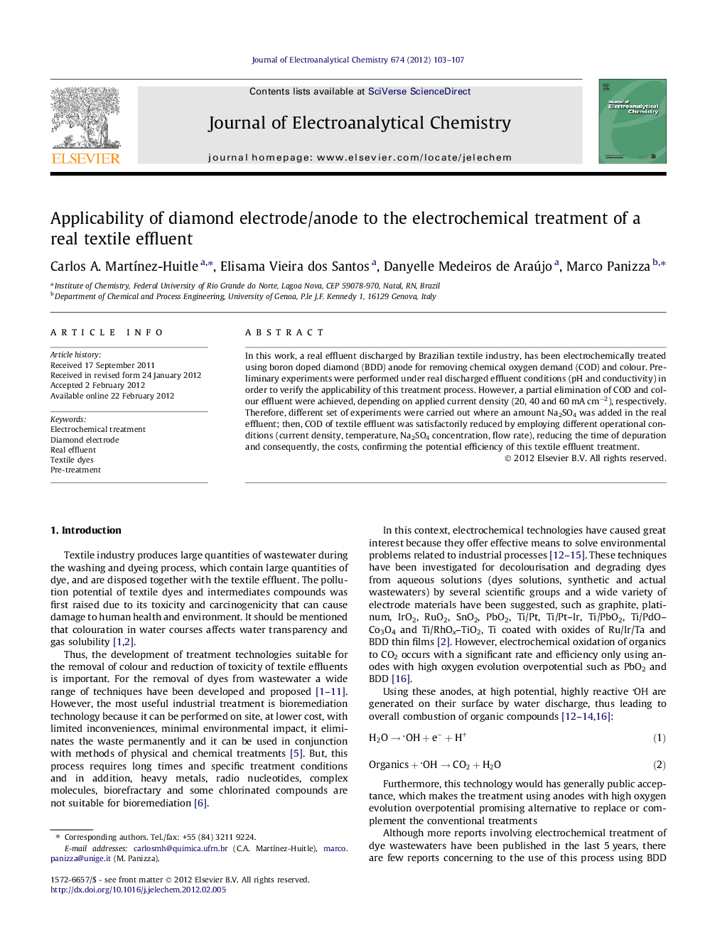 Applicability of diamond electrode/anode to the electrochemical treatment of a real textile effluent