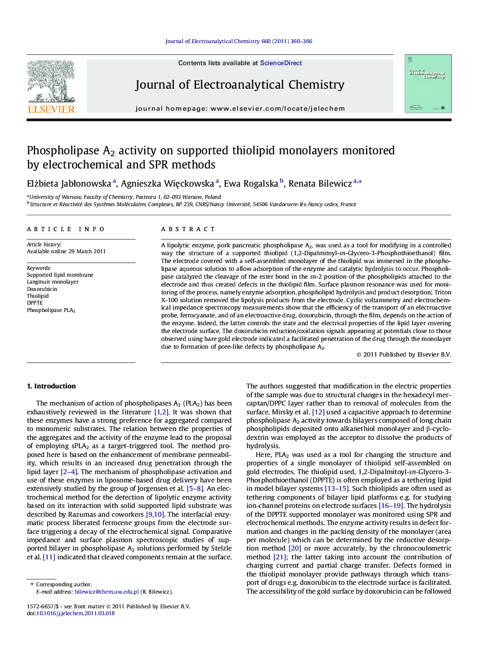 Phospholipase A2 activity on supported thiolipid monolayers monitored by electrochemical and SPR methods