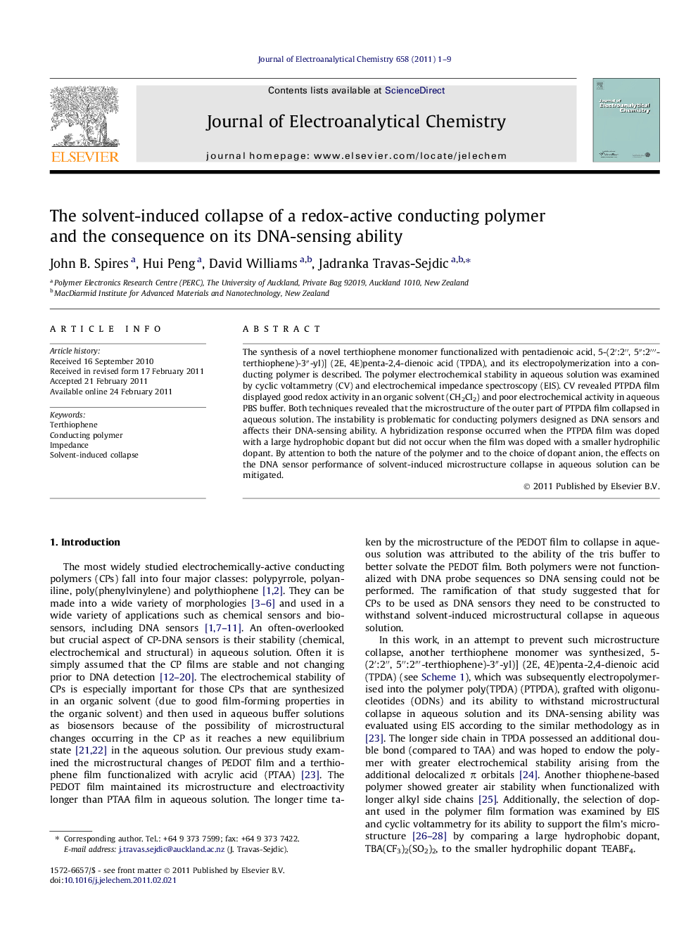 The solvent-induced collapse of a redox-active conducting polymer and the consequence on its DNA-sensing ability