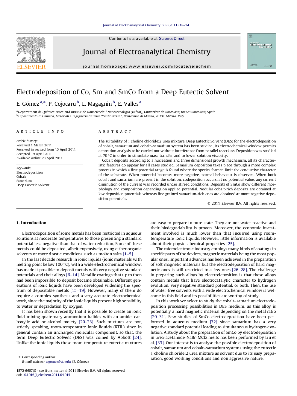 Electrodeposition of Co, Sm and SmCo from a Deep Eutectic Solvent