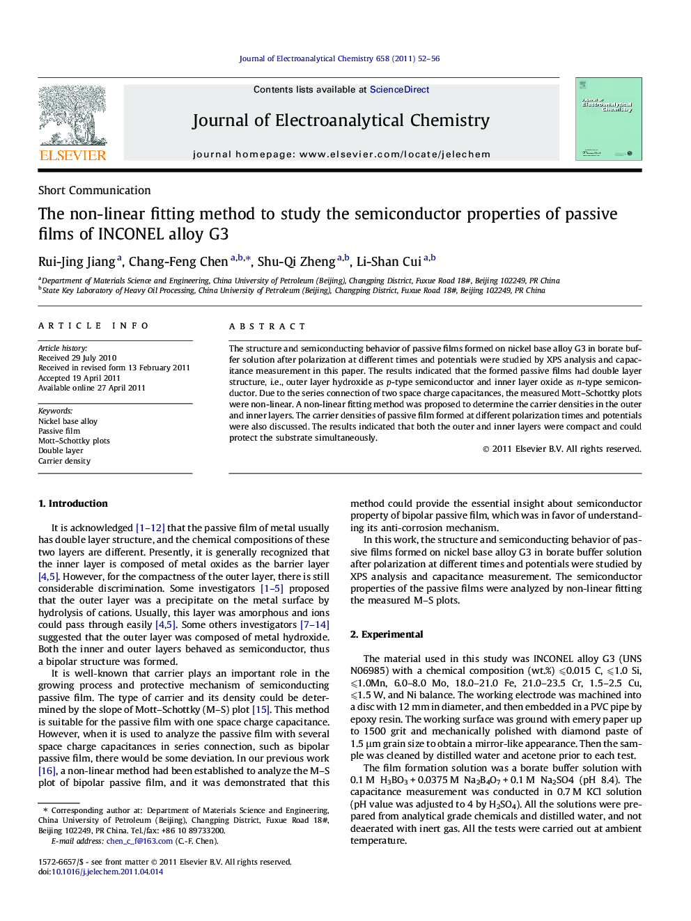 The non-linear fitting method to study the semiconductor properties of passive films of INCONEL alloy G3