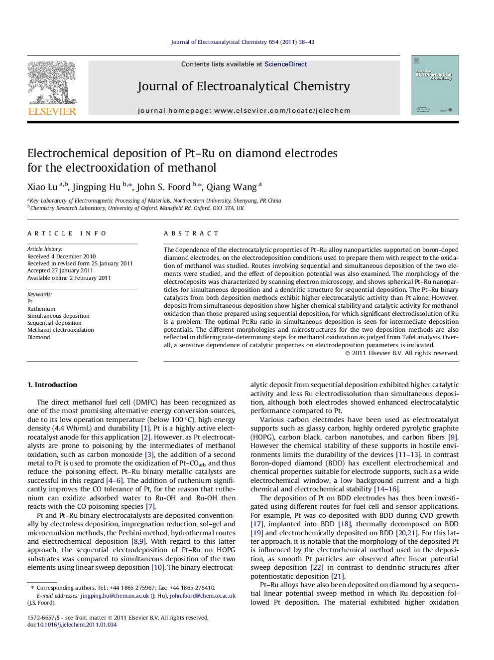 Electrochemical deposition of Pt-Ru on diamond electrodes for the electrooxidation of methanol