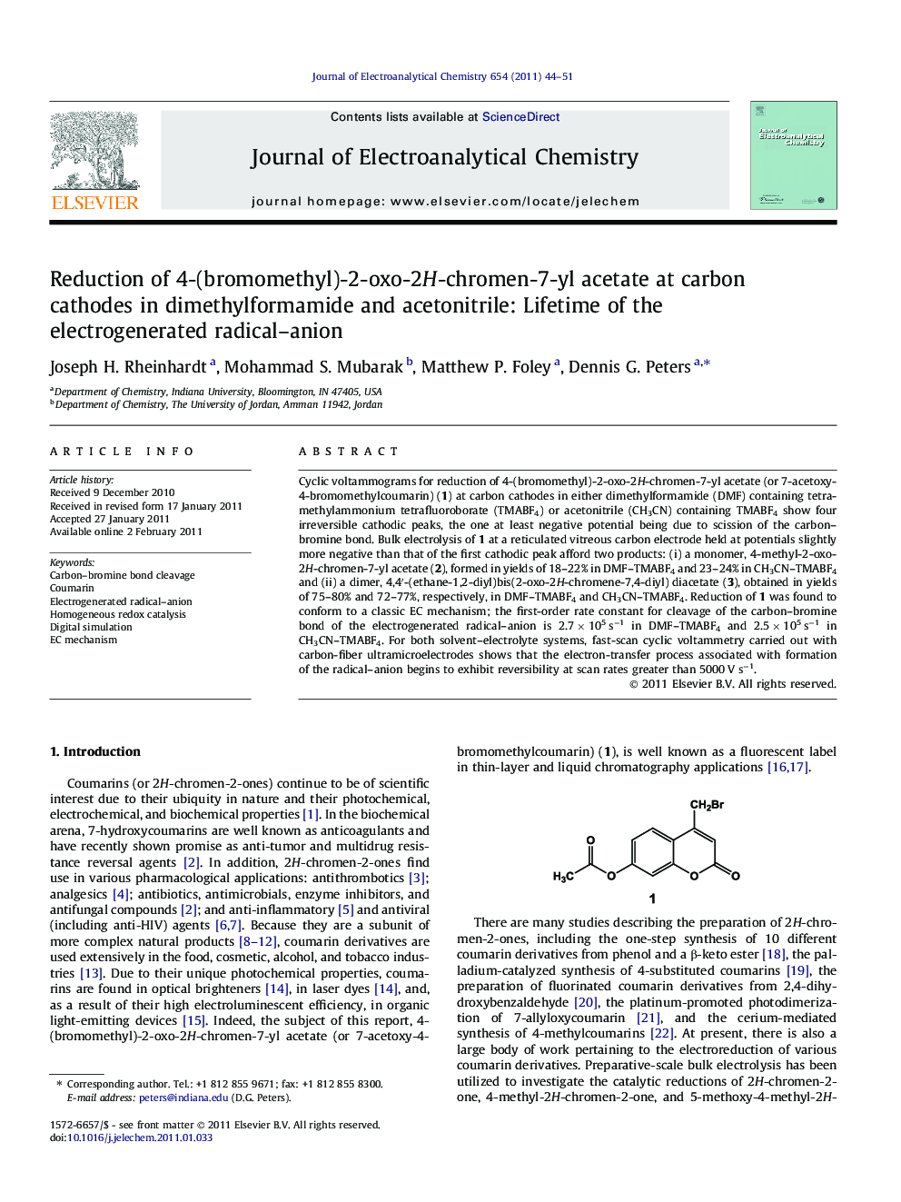 Reduction of 4-(bromomethyl)-2-oxo-2H-chromen-7-yl acetate at carbon cathodes in dimethylformamide and acetonitrile: Lifetime of the electrogenerated radical-anion