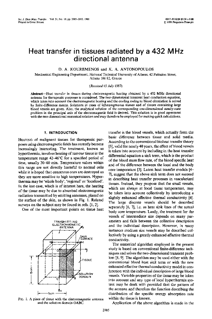 Heat transfer in tissues radiated by a 432 MHz directional antenna