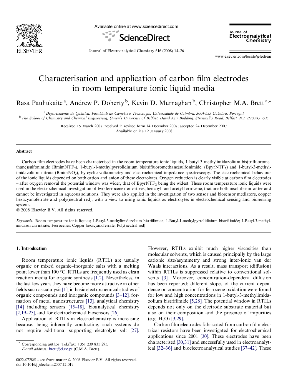 Characterisation and application of carbon film electrodes in room temperature ionic liquid media