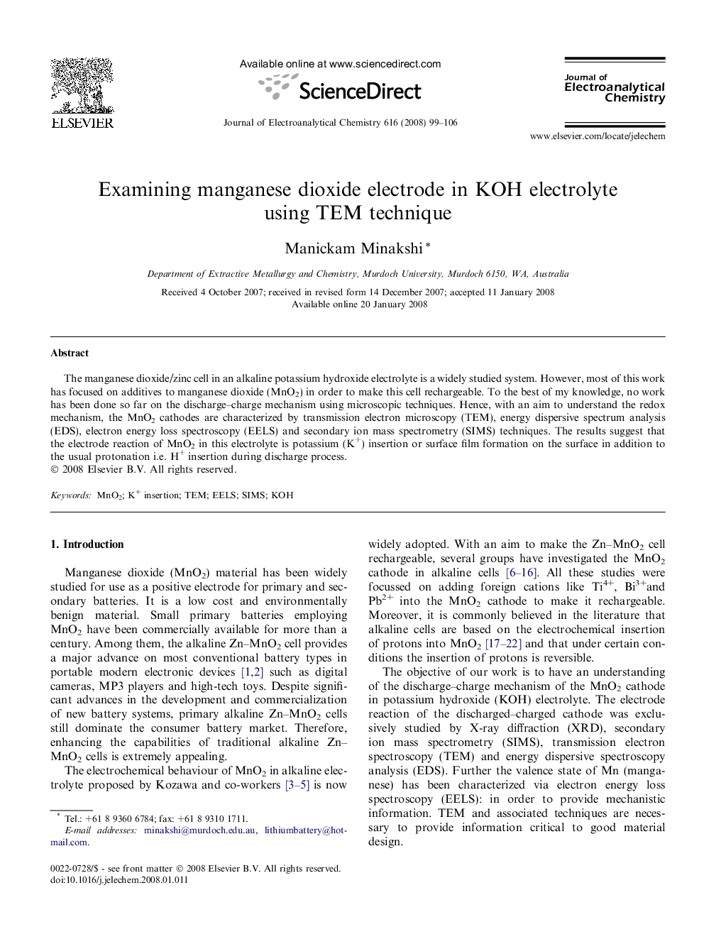 Examining manganese dioxide electrode in KOH electrolyte using TEM technique