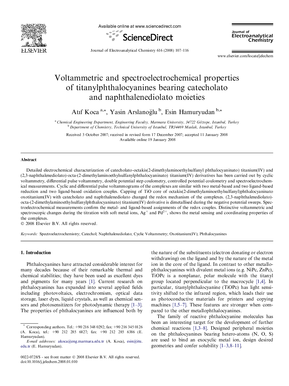 Voltammetric and spectroelectrochemical properties of titanylphthalocyanines bearing catecholato and naphthalenediolato moieties