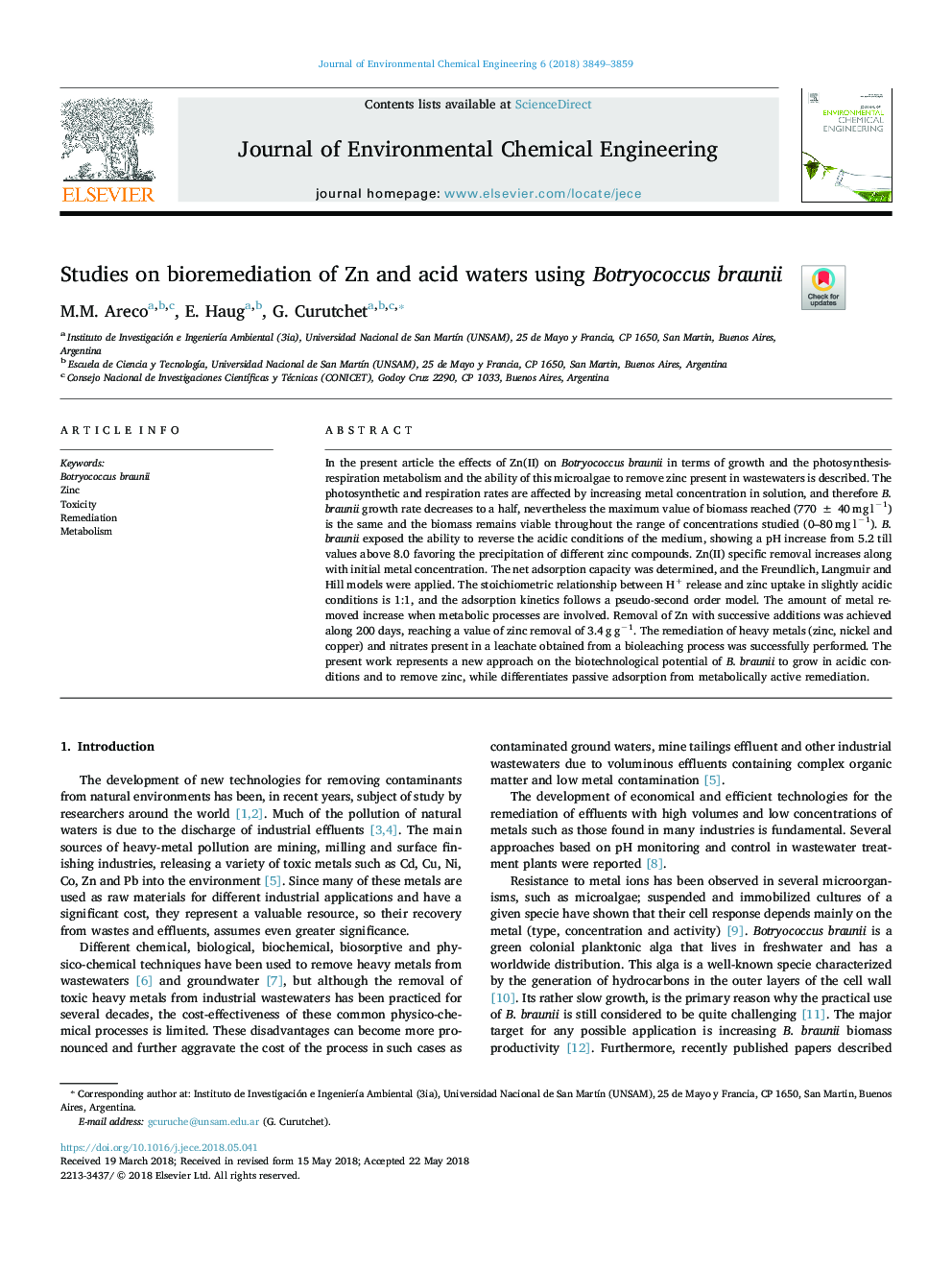 Studies on bioremediation of Zn and acid waters using Botryococcus braunii