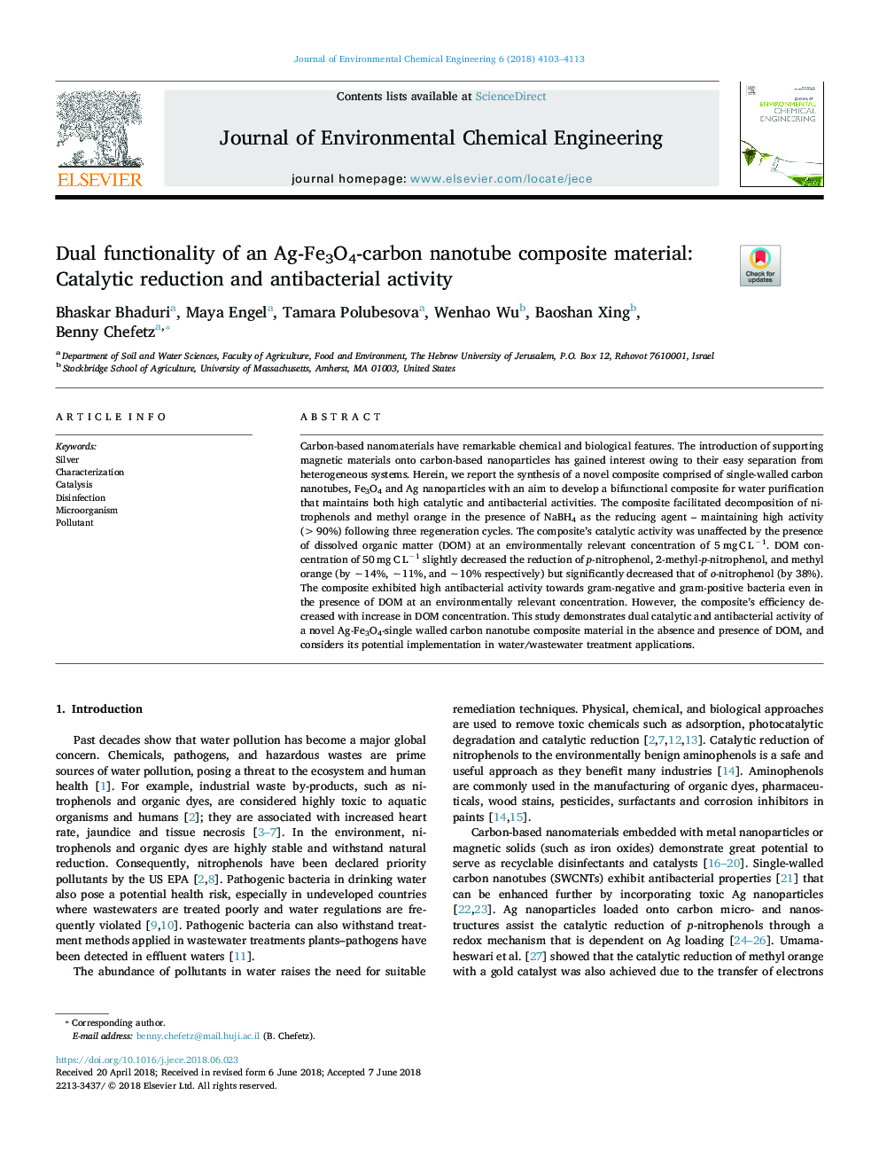 Dual functionality of an Ag-Fe3O4-carbon nanotube composite material: Catalytic reduction and antibacterial activity