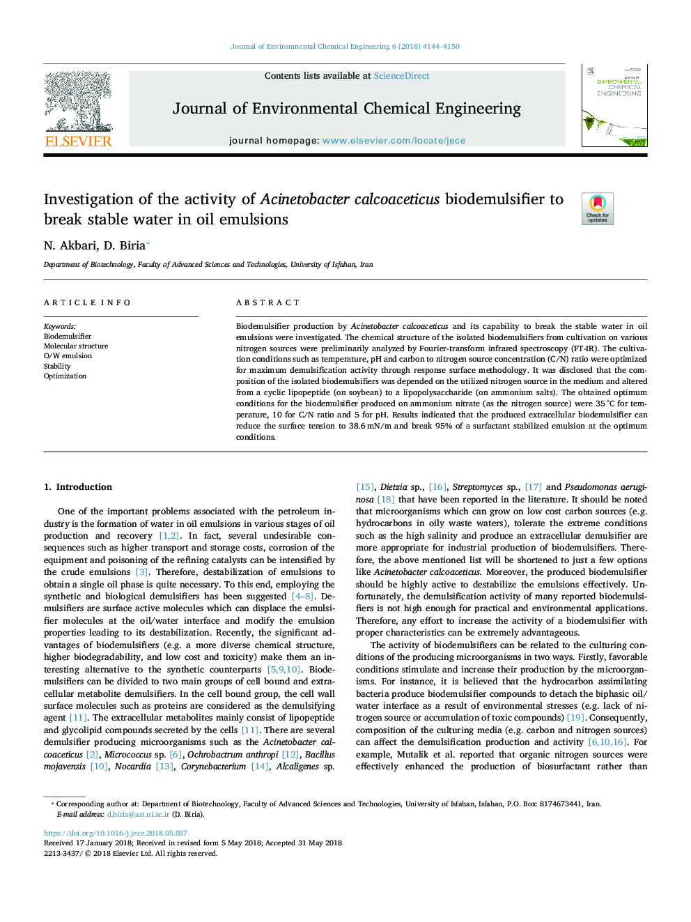 Investigation of the activity of Acinetobacter calcoaceticus biodemulsifier to break stable water in oil emulsions