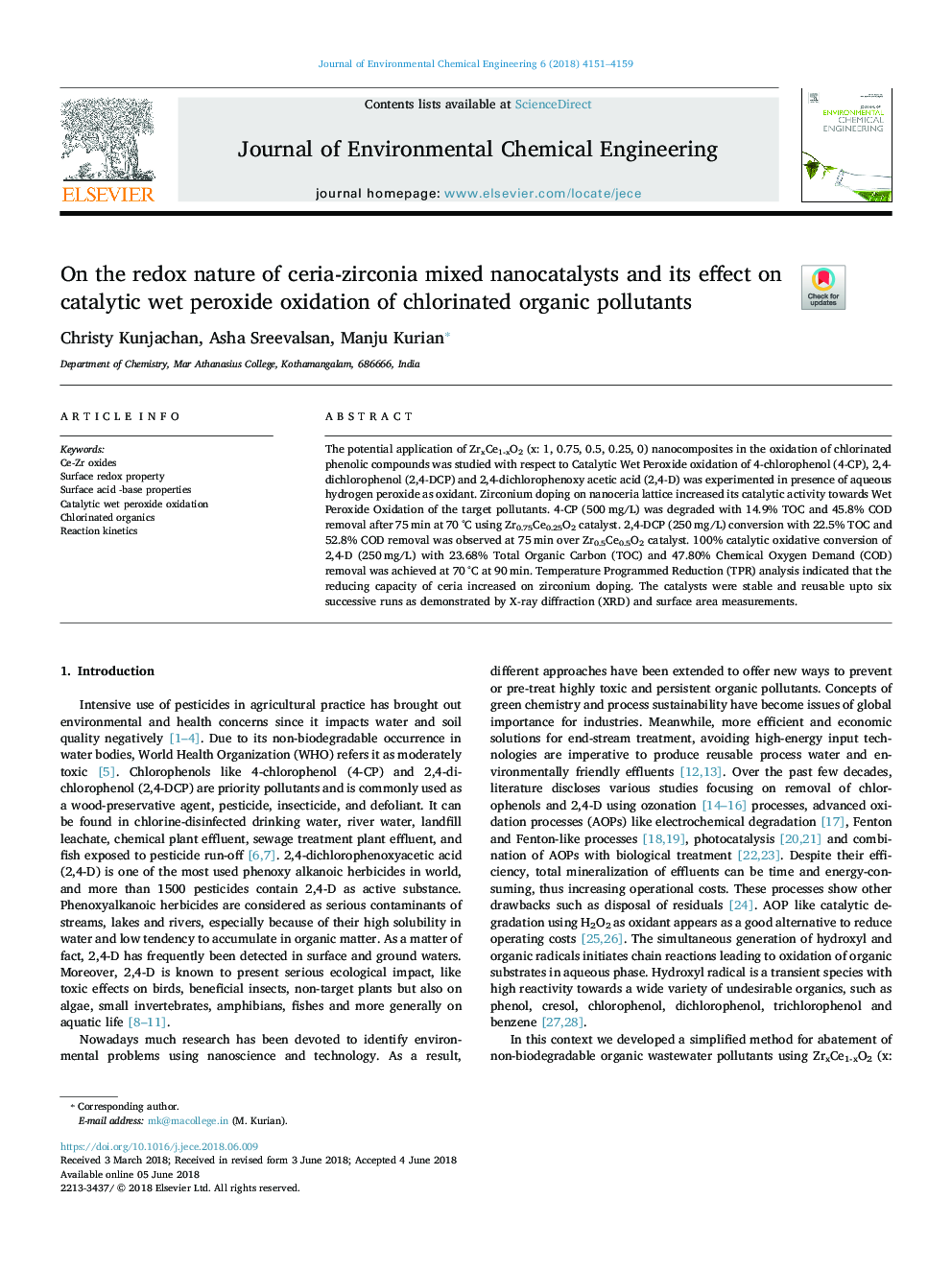 On the redox nature of ceria-zirconia mixed nanocatalysts and its effect on catalytic wet peroxide oxidation of chlorinated organic pollutants