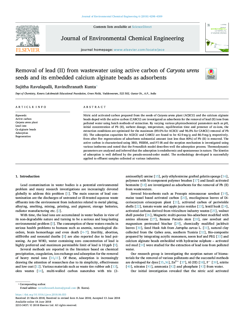 Removal of lead (II) from wastewater using active carbon of Caryota urens seeds and its embedded calcium alginate beads as adsorbents