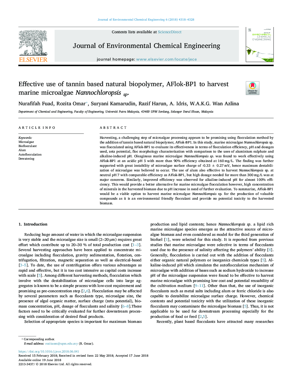 عکس صفحه اول مقاله: Effective use of tannin based natural biopolymer, AFlok-BP1 to harvest marine microalgae Nannochloropsis sp. Effective use of tannin based natural biopolymer, AFlok-BP1 to harvest marine microalgae Nannochloropsis sp.