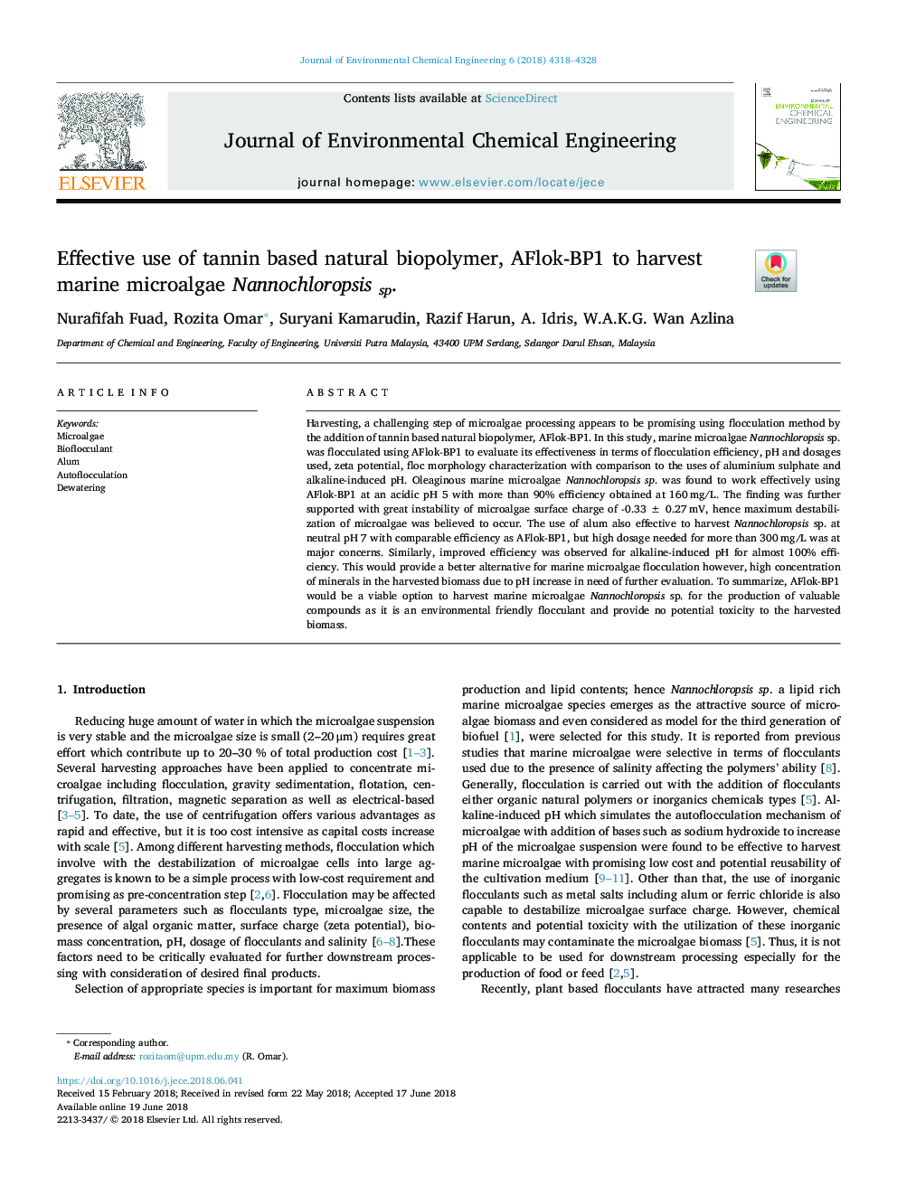 Effective use of tannin based natural biopolymer, AFlok-BP1 to harvest marine microalgae Nannochloropsis sp.