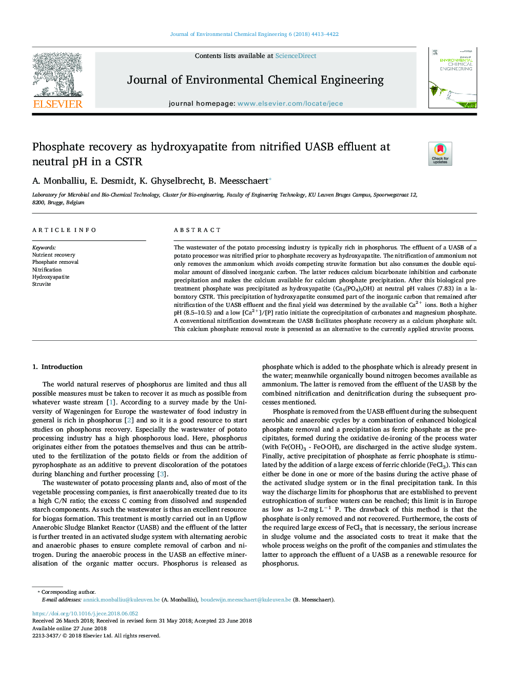 Phosphate recovery as hydroxyapatite from nitrified UASB effluent at neutral pH in a CSTR