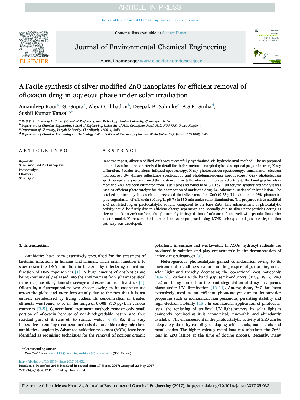 A Facile synthesis of silver modified ZnO nanoplates for efficient removal of ofloxacin drug in aqueous phase under solar irradiation