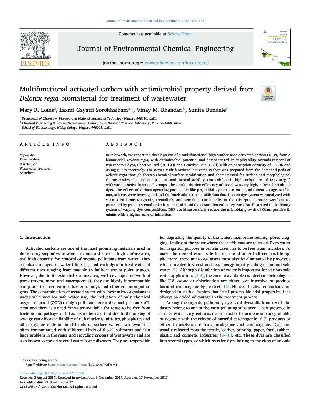 Multifunctional activated carbon with antimicrobial property derived from Delonix regia biomaterial for treatment of wastewater