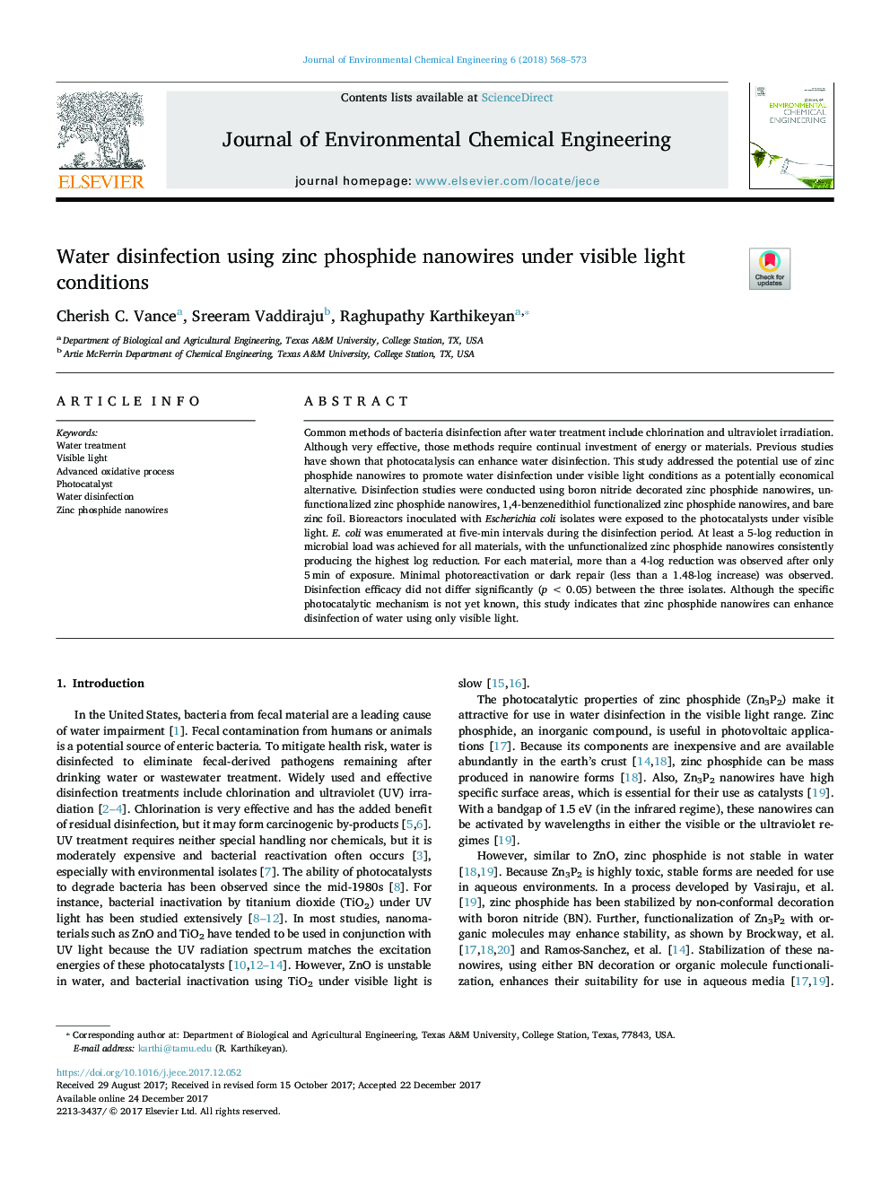 Water disinfection using zinc phosphide nanowires under visible light conditions