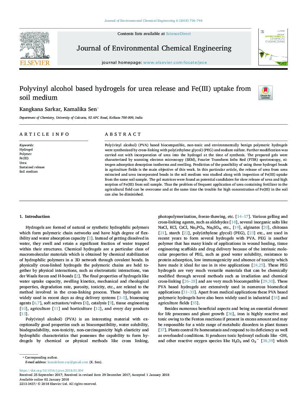 Polyvinyl alcohol based hydrogels for urea release and Fe(III) uptake from soil medium