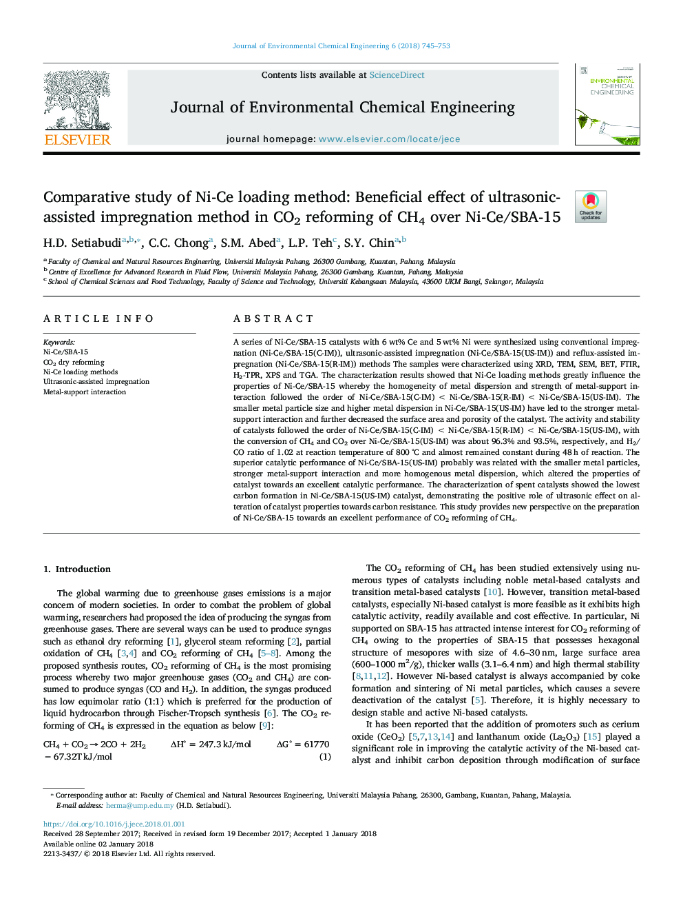 Comparative study of Ni-Ce loading method: Beneficial effect of ultrasonic-assisted impregnation method in CO2 reforming of CH4 over Ni-Ce/SBA-15