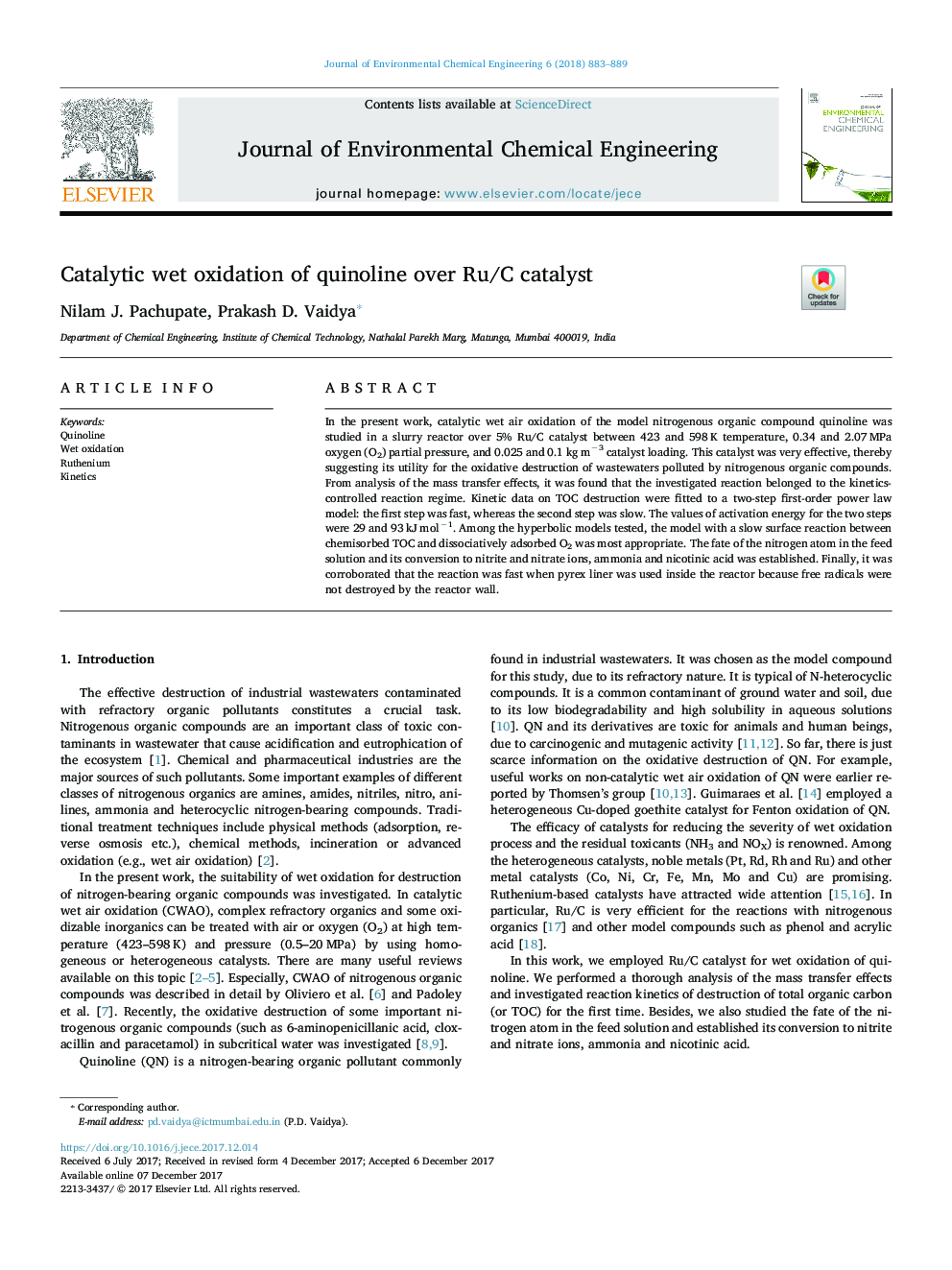 Catalytic wet oxidation of quinoline over Ru/C catalyst