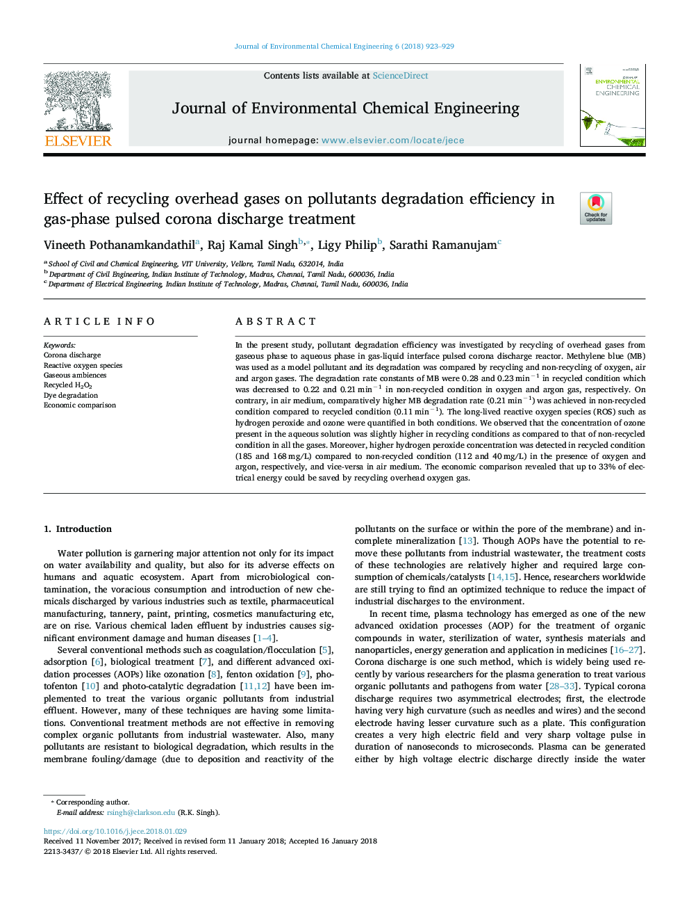 Effect of recycling overhead gases on pollutants degradation efficiency in gas-phase pulsed corona discharge treatment