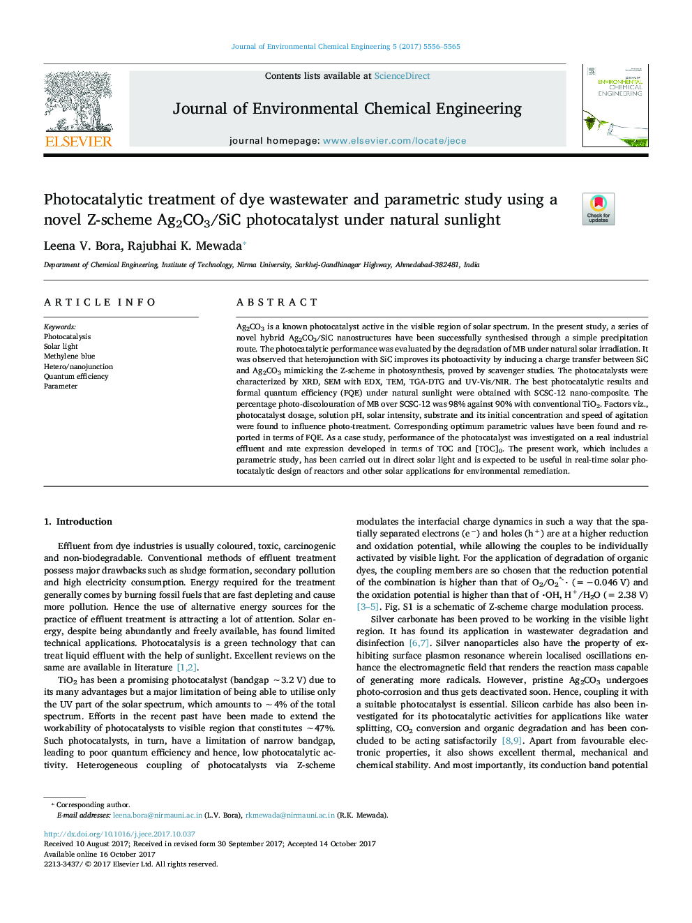 Photocatalytic treatment of dye wastewater and parametric study using a novel Z-scheme Ag2CO3/SiC photocatalyst under natural sunlight