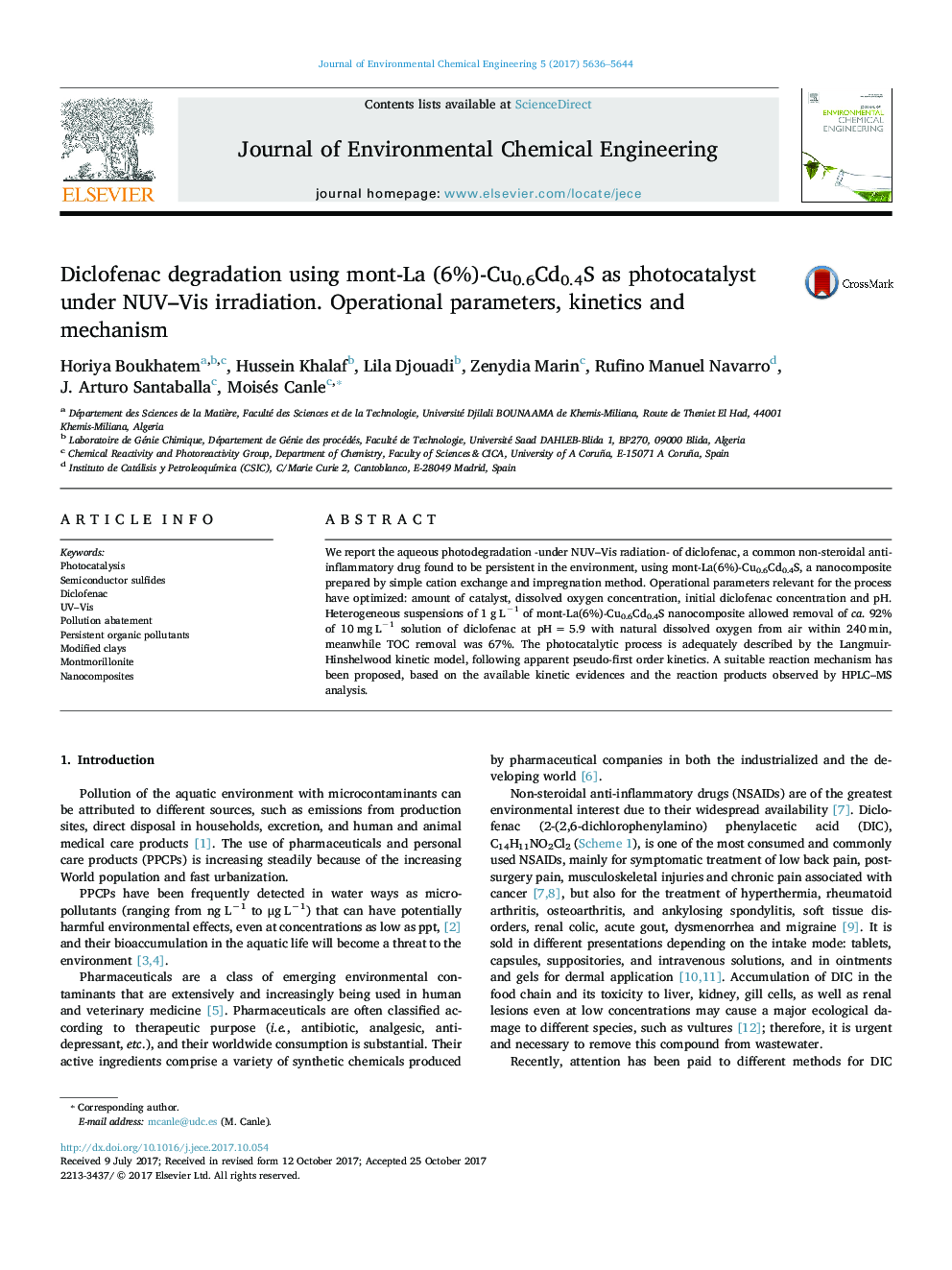 Diclofenac degradation using mont-La (6%)-Cu0.6Cd0.4S as photocatalyst under NUV-Vis irradiation. Operational parameters, kinetics and mechanism