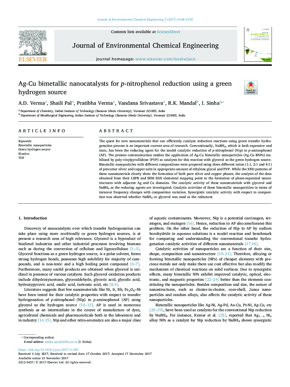 Ag-Cu bimetallic nanocatalysts for p-nitrophenol reduction using a green hydrogen source