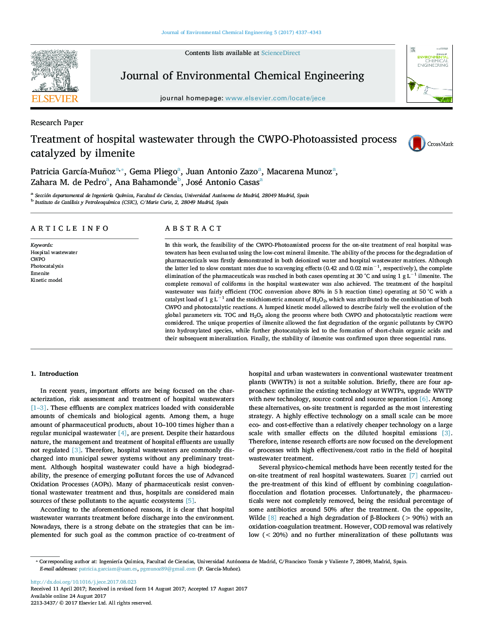 Treatment of hospital wastewater through the CWPO-Photoassisted process catalyzed by ilmenite