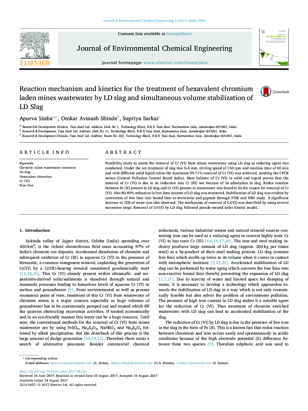 Reaction mechanism and kinetics for the treatment of hexavalent chromium laden mines wastewater by LD slag and simultaneous volume stabilization of LD Slag