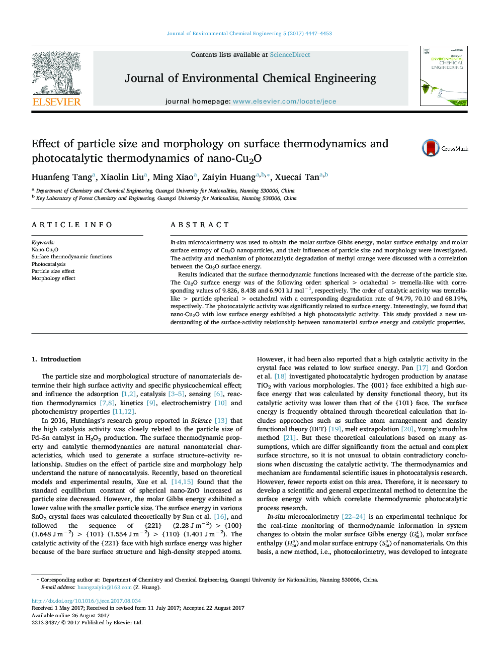 Effect of particle size and morphology on surface thermodynamics and photocatalytic thermodynamics of nano-Cu2O