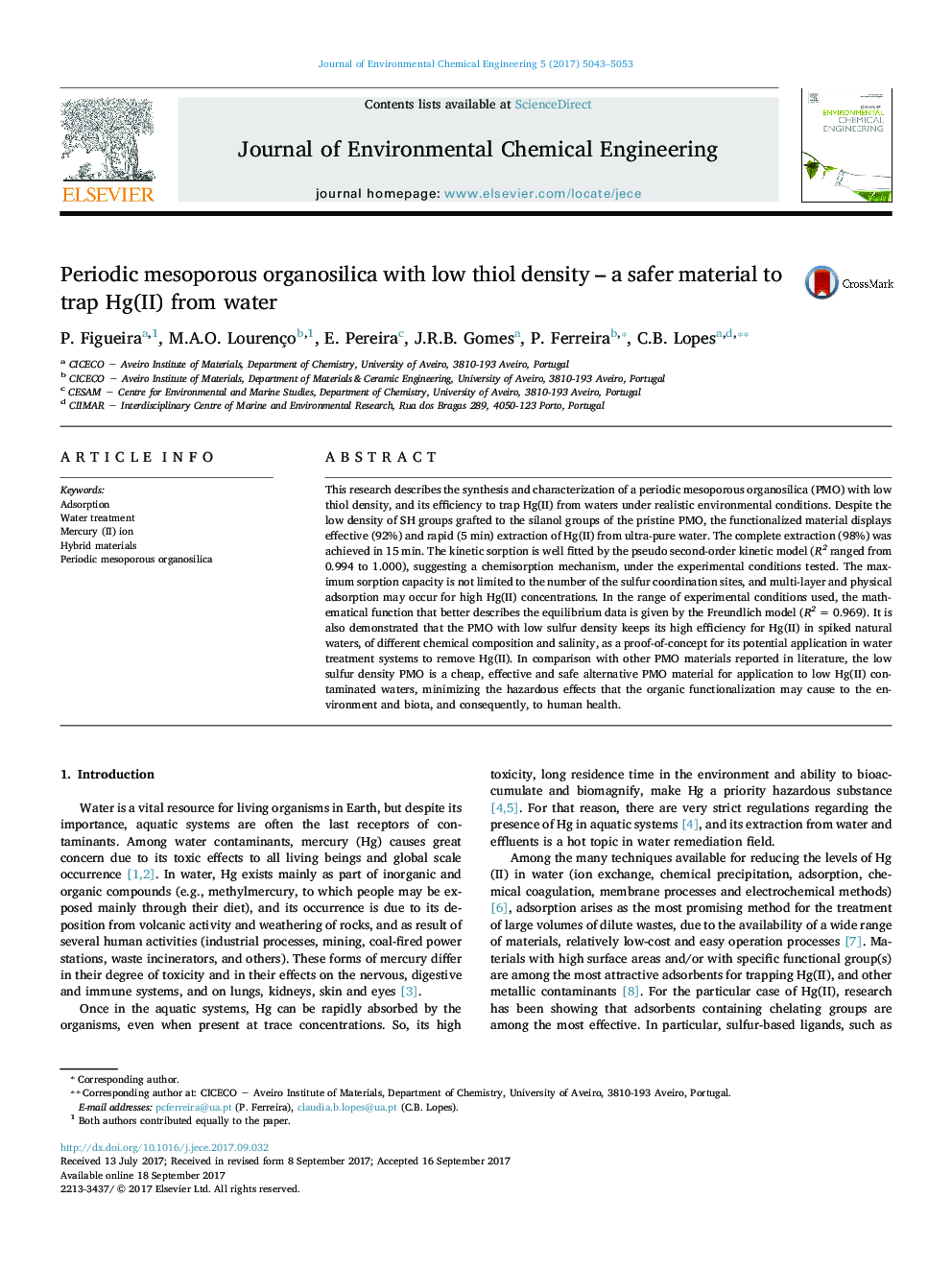 Periodic mesoporous organosilica with low thiol density - a safer material to trap Hg(II) from water