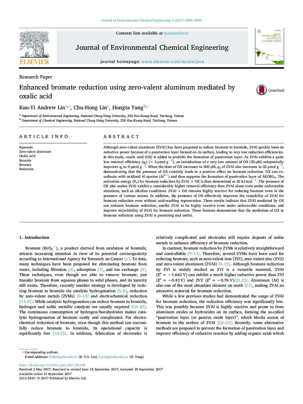 Enhanced bromate reduction using zero-valent aluminum mediated by oxalic acid