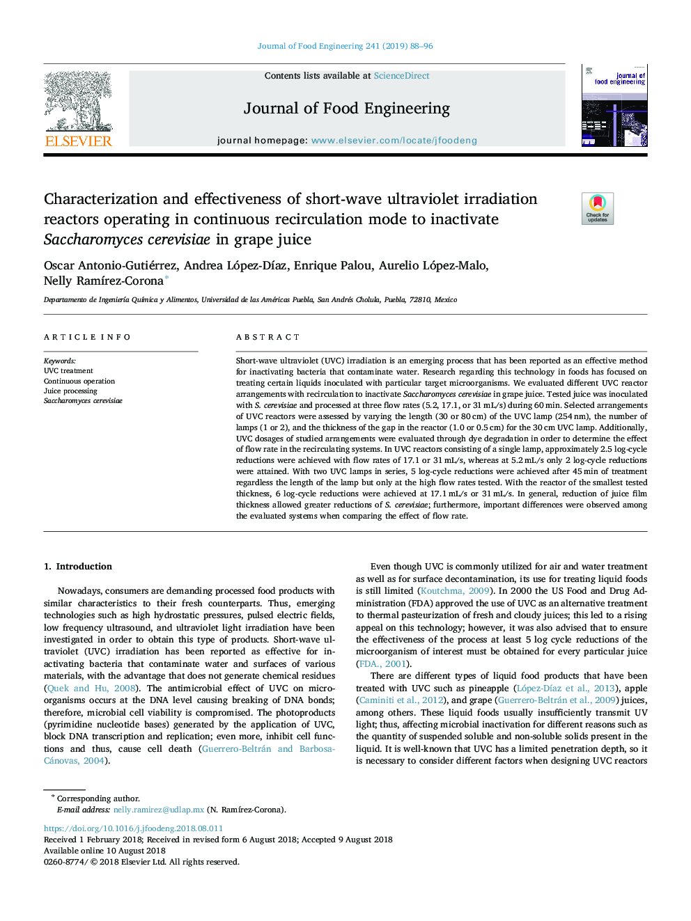 Characterization and effectiveness of short-wave ultraviolet irradiation reactors operating in continuous recirculation mode to inactivate Saccharomyces cerevisiae in grape juice