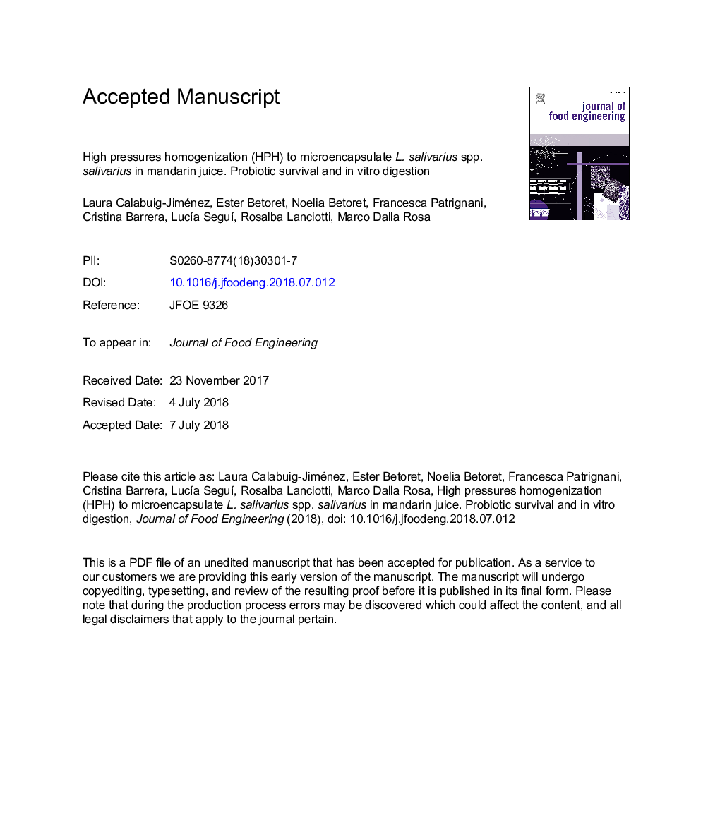 High pressures homogenization (HPH) to microencapsulate L. salivarius spp. salivarius in mandarin juice. Probiotic survival and in vitro digestion