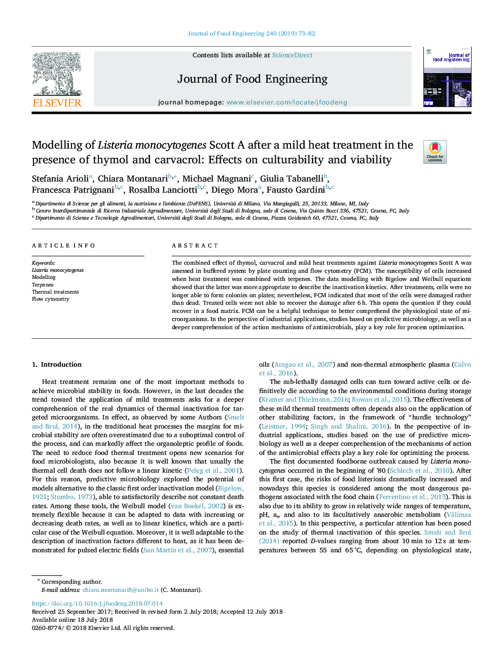 Modelling of Listeria monocytogenes Scott A after a mild heat treatment in the presence of thymol and carvacrol: Effects on culturability and viability