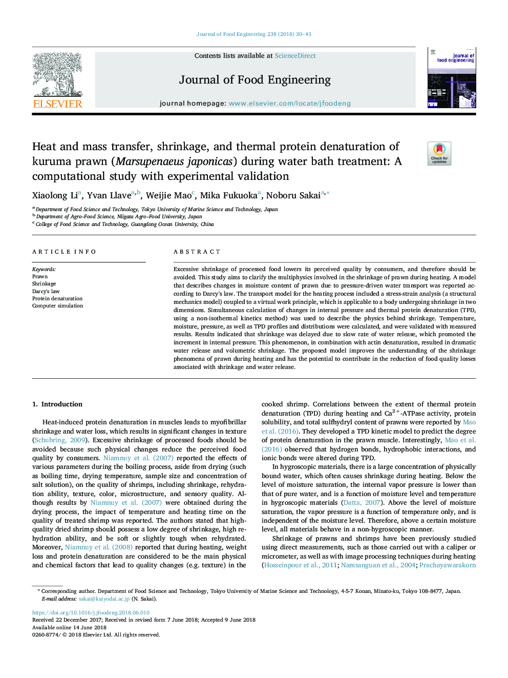 Heat and mass transfer, shrinkage, and thermal protein denaturation of kuruma prawn (Marsupenaeus japonicas) during water bath treatment: A computational study with experimental validation