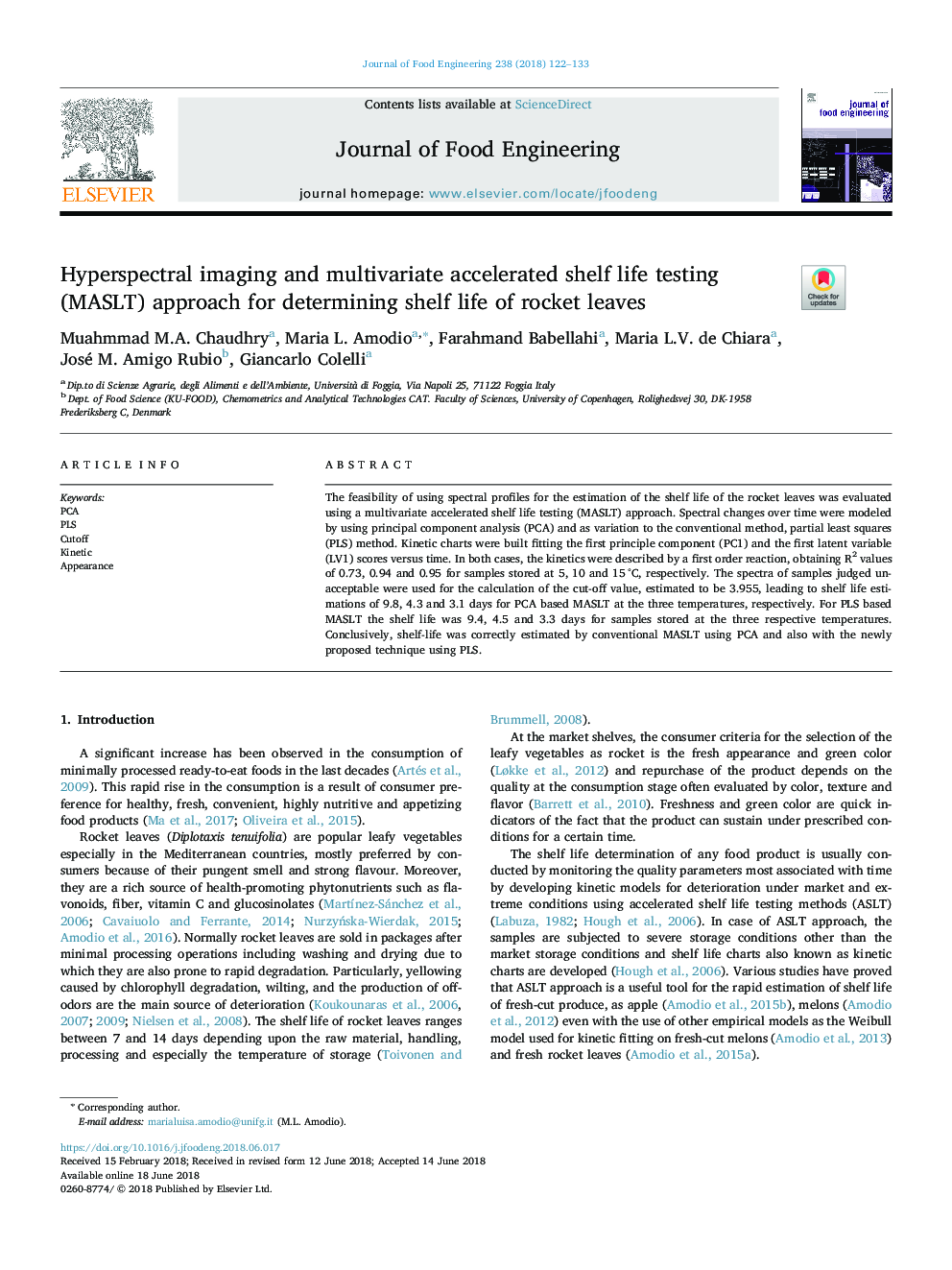 Hyperspectral imaging and multivariate accelerated shelf life testing (MASLT) approach for determining shelf life of rocket leaves