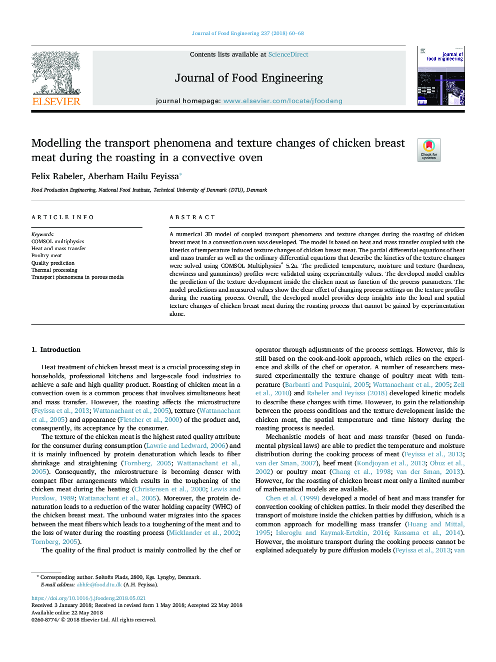 Modelling the transport phenomena and texture changes of chicken breast meat during the roasting in a convective oven