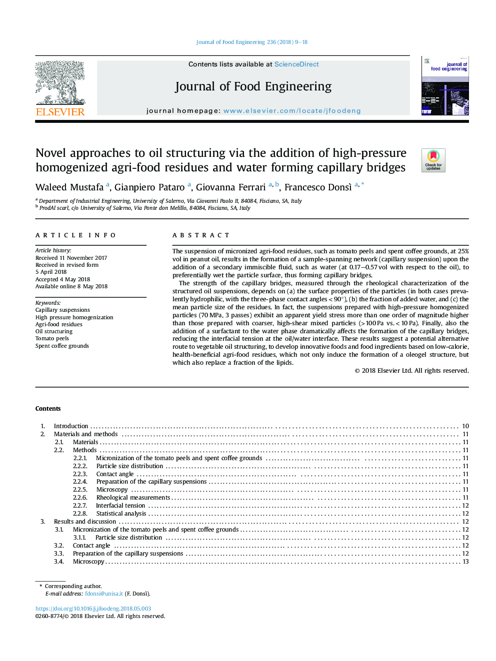 Novel approaches to oil structuring via the addition of high-pressure homogenized agri-food residues and water forming capillary bridges