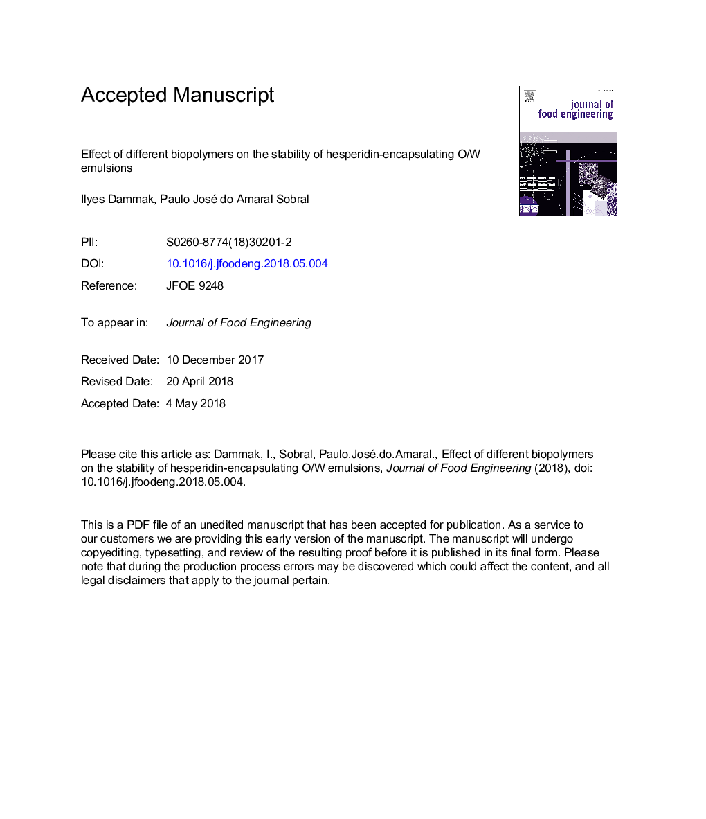 عکس صفحه اول مقاله: Effect of different biopolymers on the stability of hesperidin-encapsulating O/W emulsions Effect of different biopolymers on the stability of hesperidin-encapsulating O/W emulsions