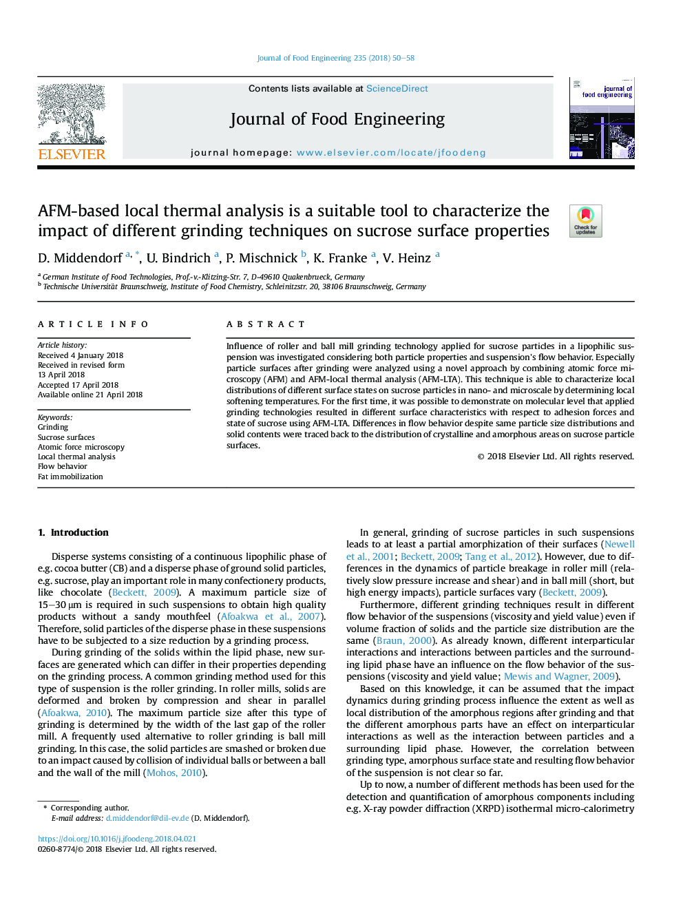 AFM-based local thermal analysis is a suitable tool to characterize the impact of different grinding techniques on sucrose surface properties