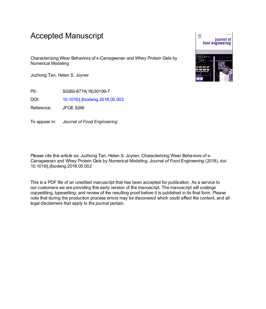 Characterizing wear behaviors of Îº-carrageenan and whey protein gels by numerical modeling